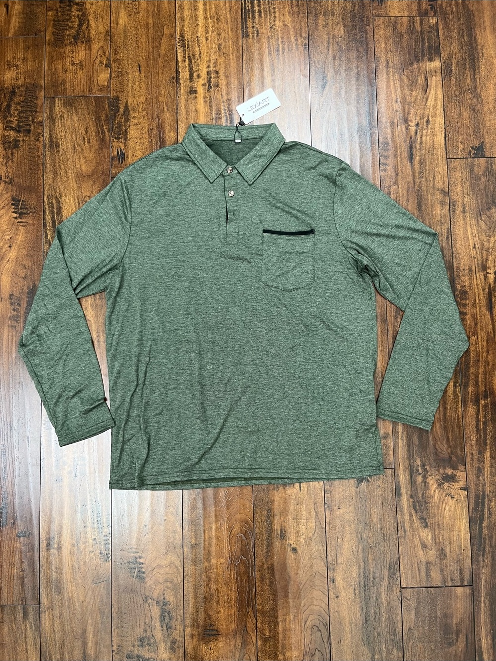 LEXIART Men’s Long Sleeve Polo Shirt Green Pocket Stretch NEW NWT Size LARGE